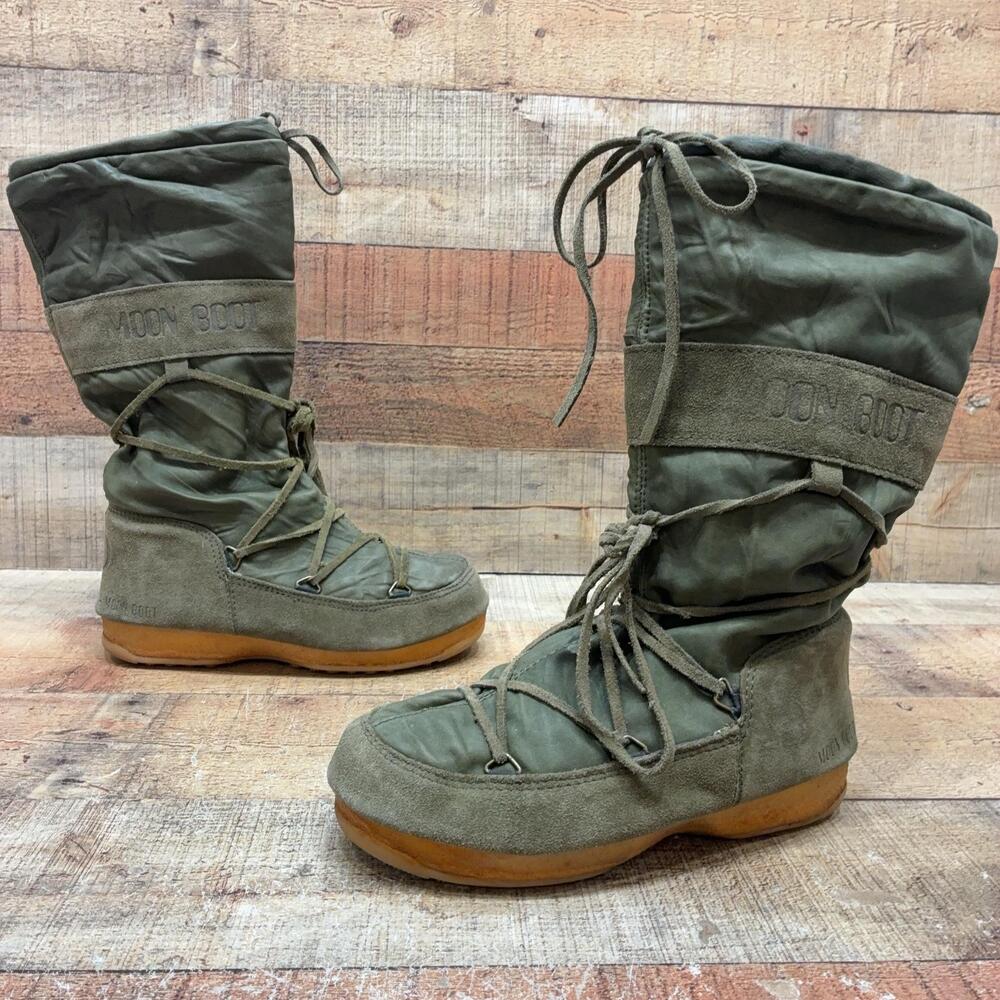Tecnica Moon Boot Snow Boots Womens Size 38 Green Nylon Mid Calf Winter VTG